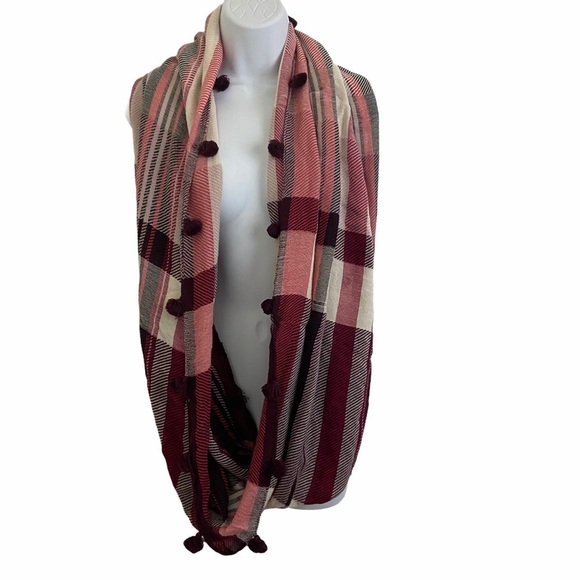 LOFT Red White Plaid Pom Pom Infinity Wrap Scarf - Picture 1 of 12
